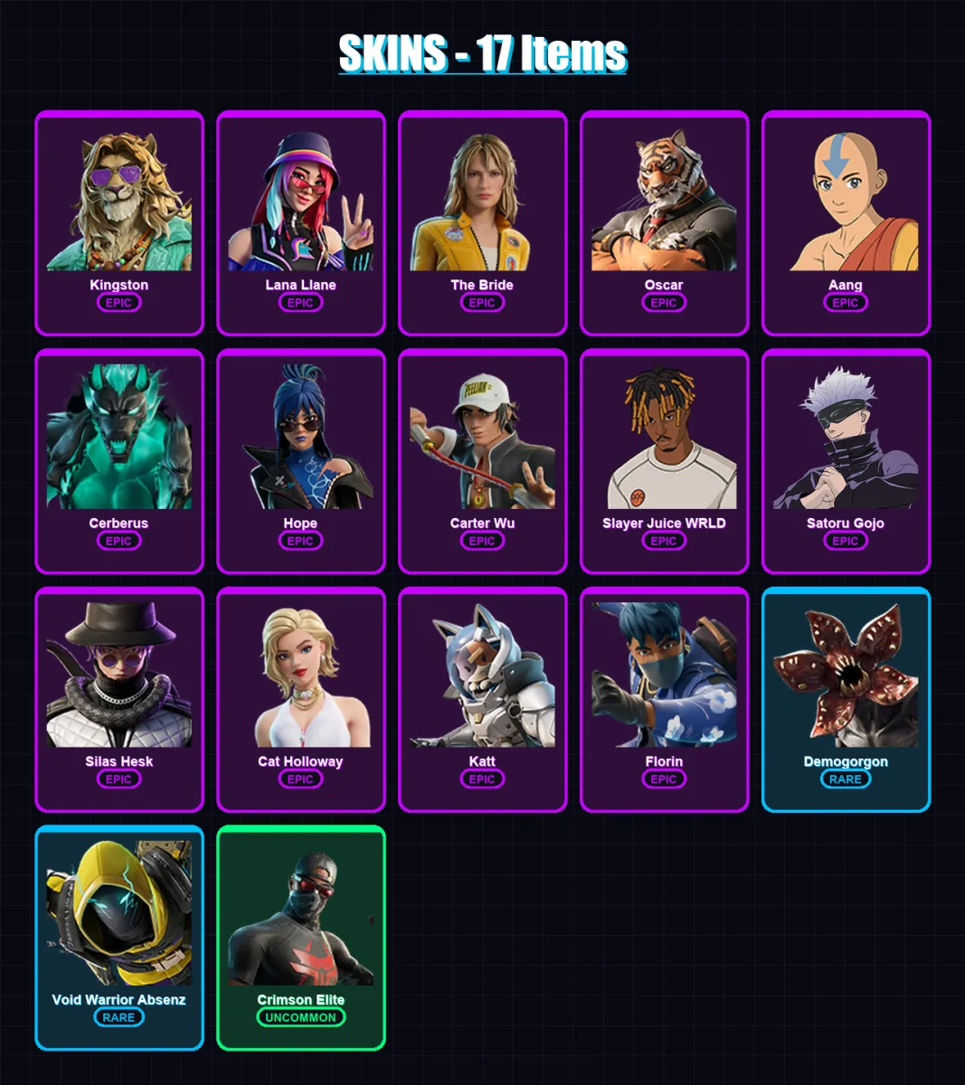 [PS4/PS5/XBOX/PC] | Kingston | Lana Llane | The Bride | Oscar | Aang | 17 skin | 24 pickaxe | 14 emote | 15 glider | Lv101