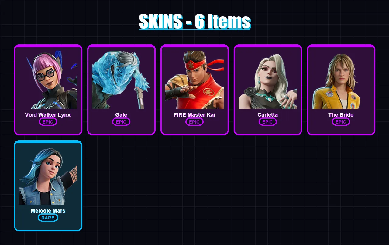 [PC/XBOX/PSN] | Void Walker Lynx | Gale | FIRE Master Kai | Carletta | The Bride | 6 skin | 3 pickaxe | 2 emote | 1 glider | Lv5