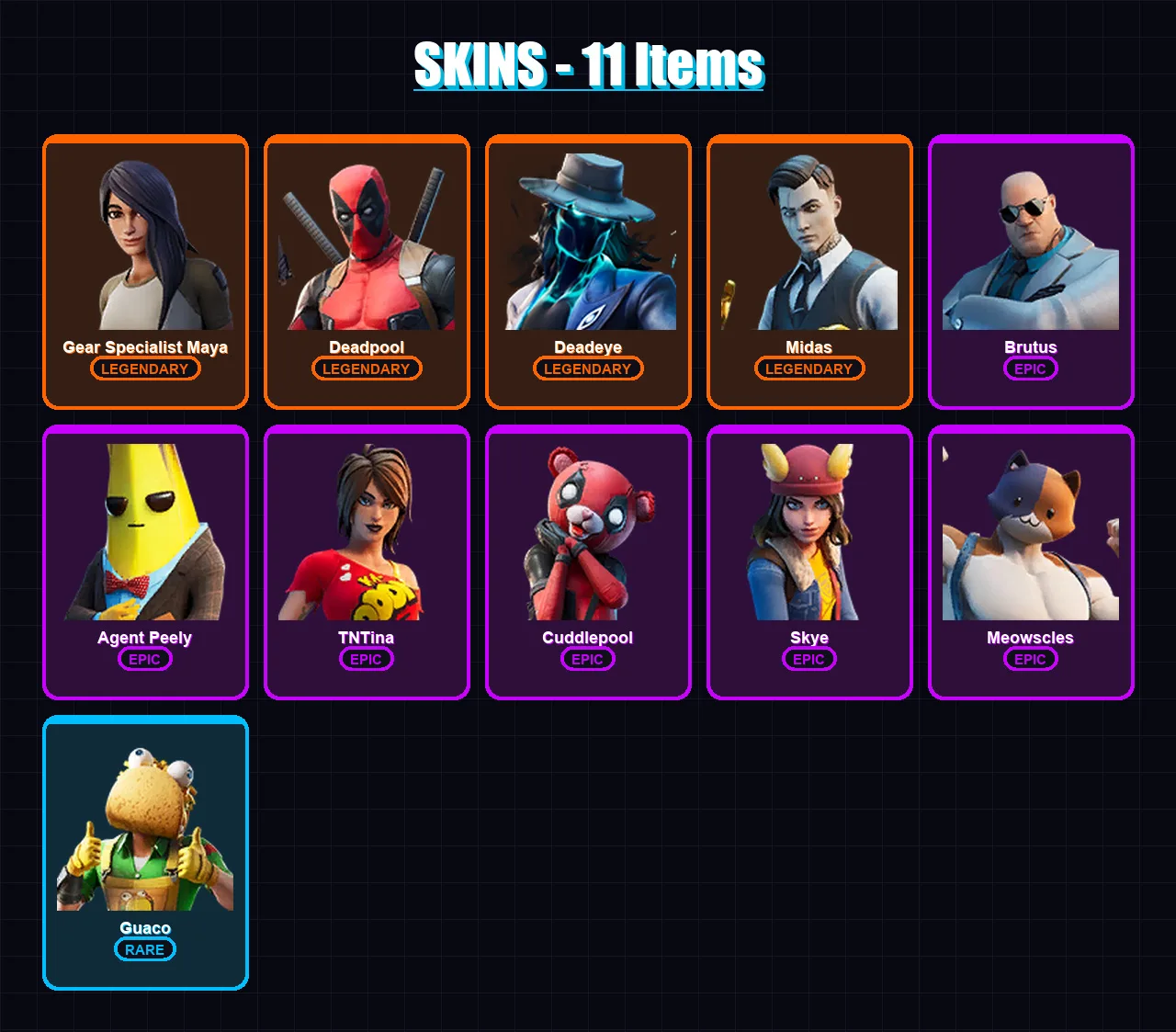 [PC/XBOX/PSN] | Gear Specialist Maya | Deadpool | Deadeye | Midas | Brutus | 11 skin | 9 pickaxe | 14 emote | 11 glider | Lv106 — Fortnite account