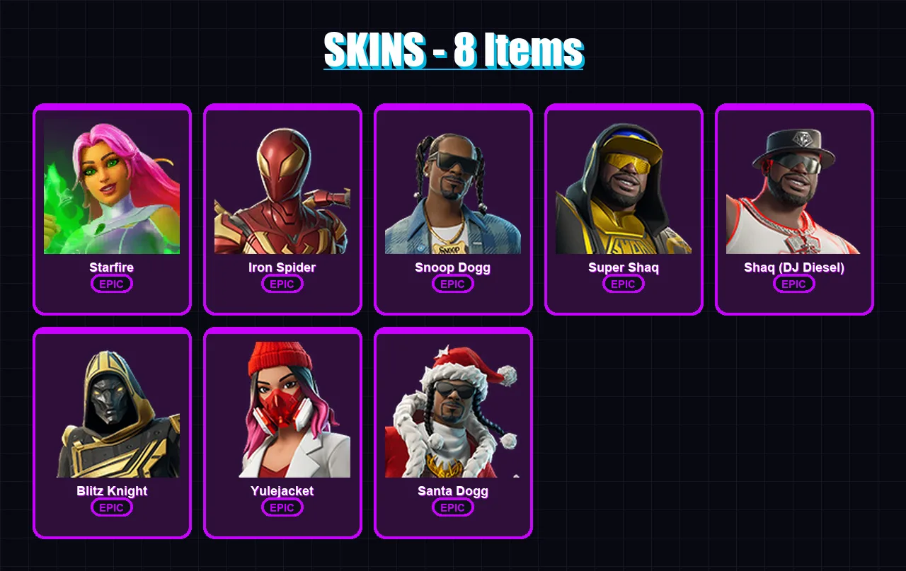[PC/PSN] | Starfire | Iron Spider | Snoop Dogg | Super Shaq | Shaq (DJ Diesel) | 8 skin | 29 pickaxe | 13 emote | 16 glider | Lv171