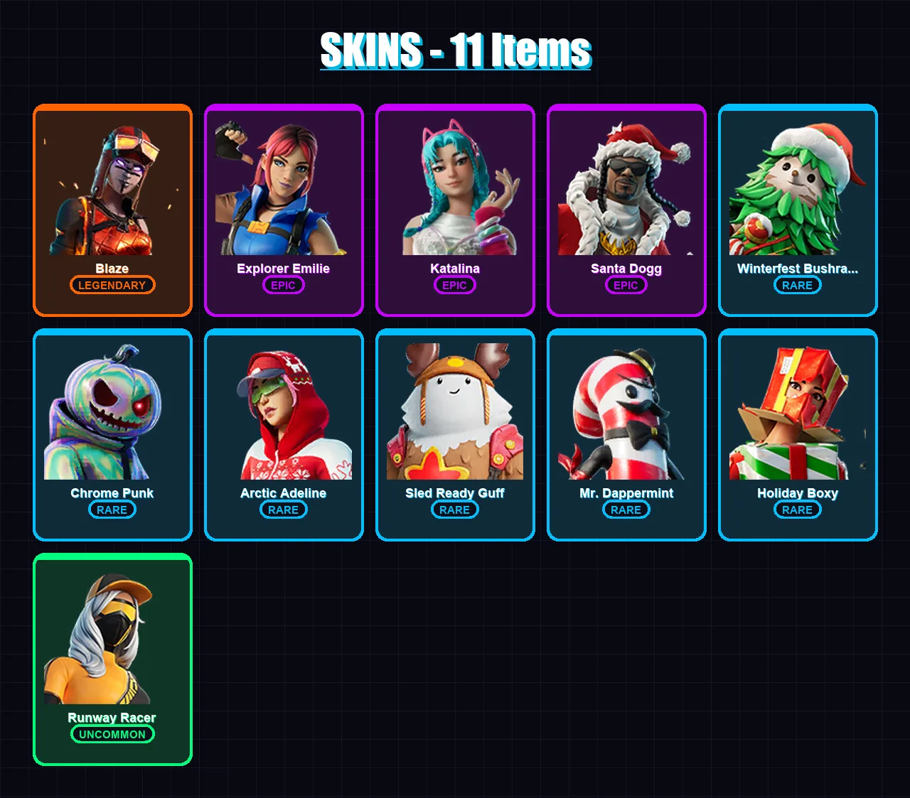 [PC/XBOX/PSN] | Blaze | Explorer Emilie | Katalina | Santa Dogg | Winterfest Bushranger | 11 skin | 53 pickaxe | 37 emote | 53 glider | Lv1712