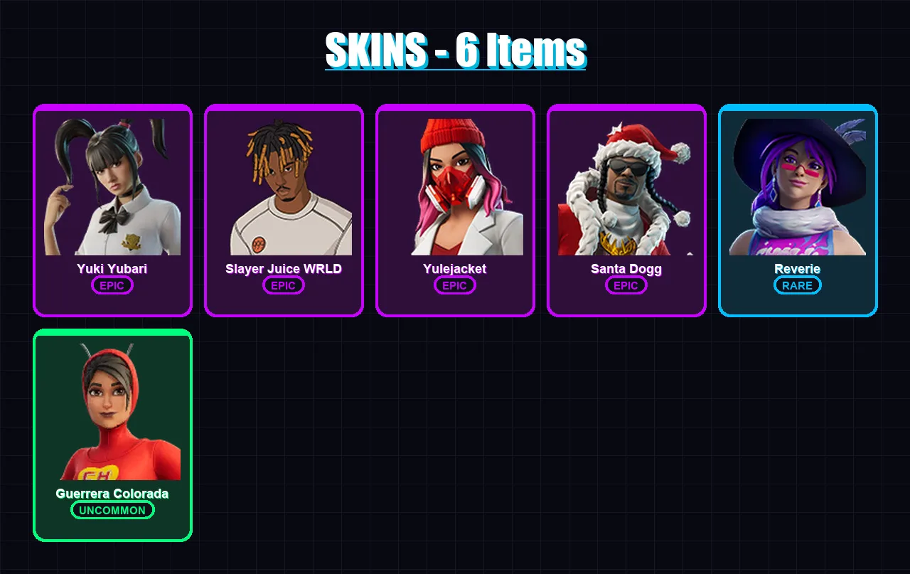 [PC/XBOX/PSN] | Yuki Yubari | Slayer Juice WRLD | Yulejacket | Santa Dogg | Reverie | 6 skin | 36 pickaxe | 13 emote | 25 glider | Lv455