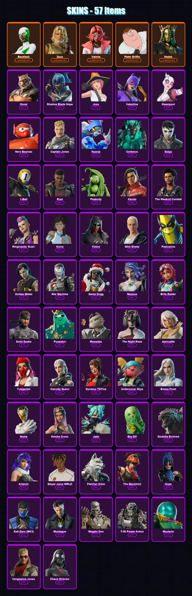 [PC/PSN] | Backlash | Zeus | Valeria | Peter Griffin | Hades | 57 skin | 93 pickaxe | 71 emote | 68 glider | Lv1210