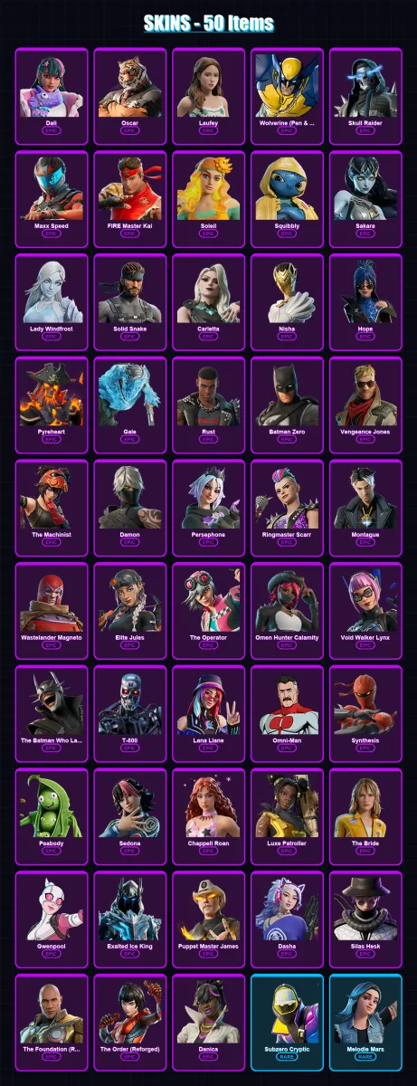 [PC/XBOX/PSN] | Dali | Oscar | Laufey | Wolverine (Pen & Ink) | Skull Raider | 50 skin | 50 pickaxe | 28 emote | 28 glider | Lv241