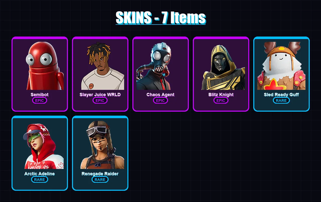 [PC/XBOX] | Semibot | Slayer Juice WRLD | Chaos Agent | Blitz Knight | Sled Ready Guff | 7 skin | 31 pickaxe | 14 emote | 27 glider | Lv275