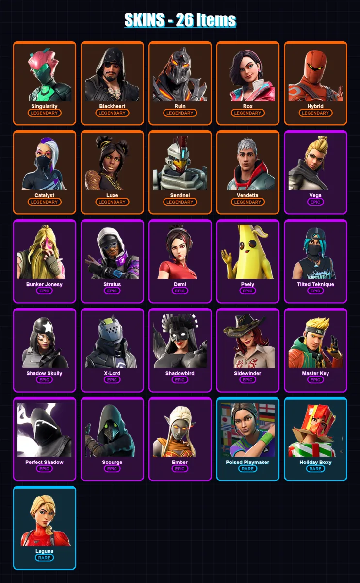 [PC/PSN] | Singularity | Blackheart | Ruin | Rox | Hybrid | 26 skin | 27 pickaxe | 27 emote | 23 glider | Lv313