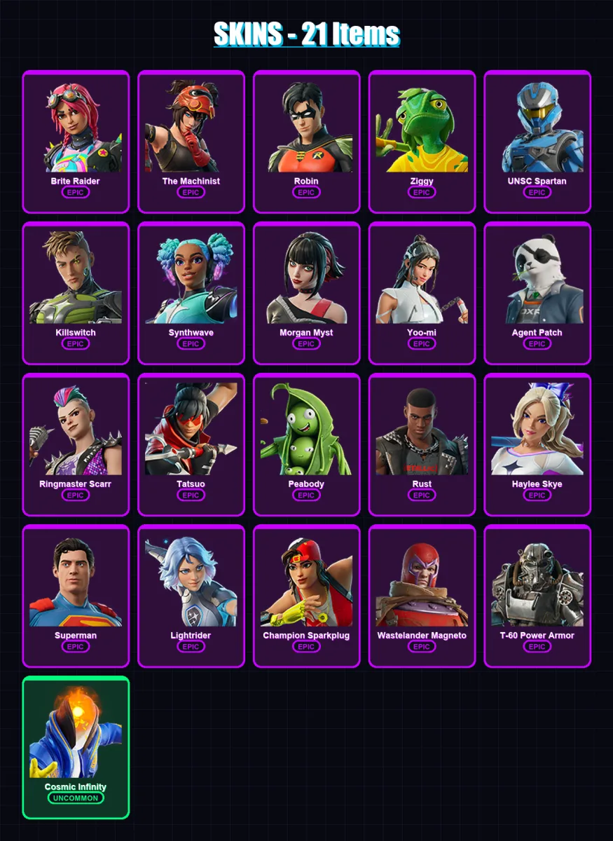 [PC/XBOX] | Brite Raider | The Machinist | Robin | Ziggy | UNSC Spartan | 21 skin | 35 pickaxe | 22 emote | 27 glider | Lv242 — Fortnite account