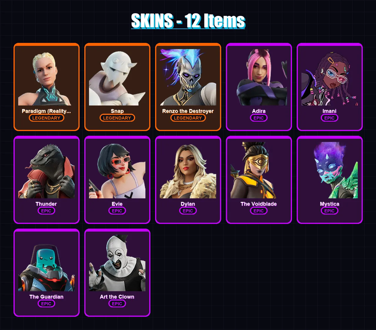 [PC/PSN] | Paradigm (Reality-659) | Snap | Renzo the Destroyer | Adira | Imani | 12 skin | 23 pickaxe | 11 emote | 21 glider | Lv229