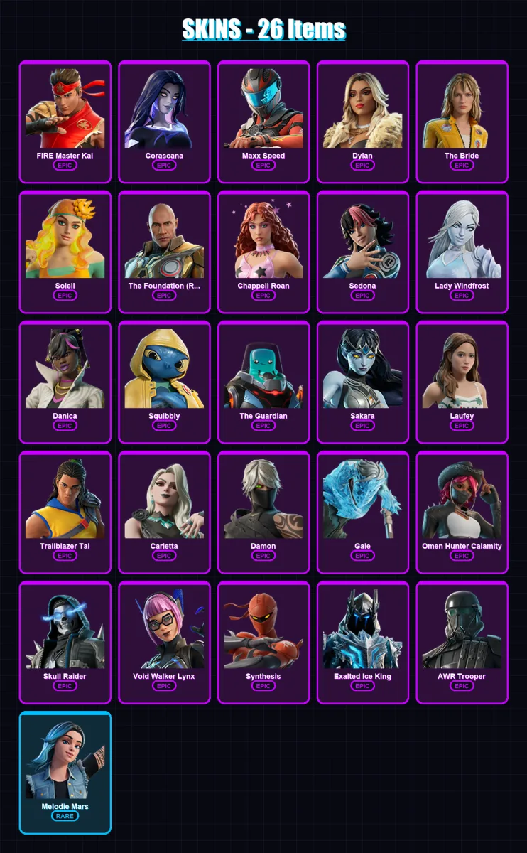 [PC/PSN] | FIRE Master Kai | Corascana | Maxx Speed | Dylan | The Bride | 26 skin | 15 pickaxe | 5 emote | 9 glider | Lv106