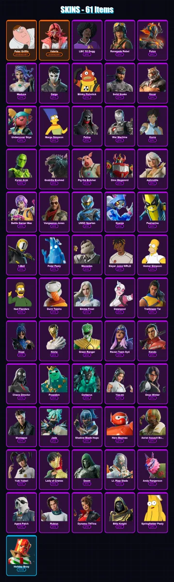 [PS4/PS5/XBOX/PC] | Peter Griffin | Valeria | LBC '93 Dogg | Renegade Rebel | Polus | 61 skin | 101 pickaxe | 71 emote | 72 glider | Lv829
