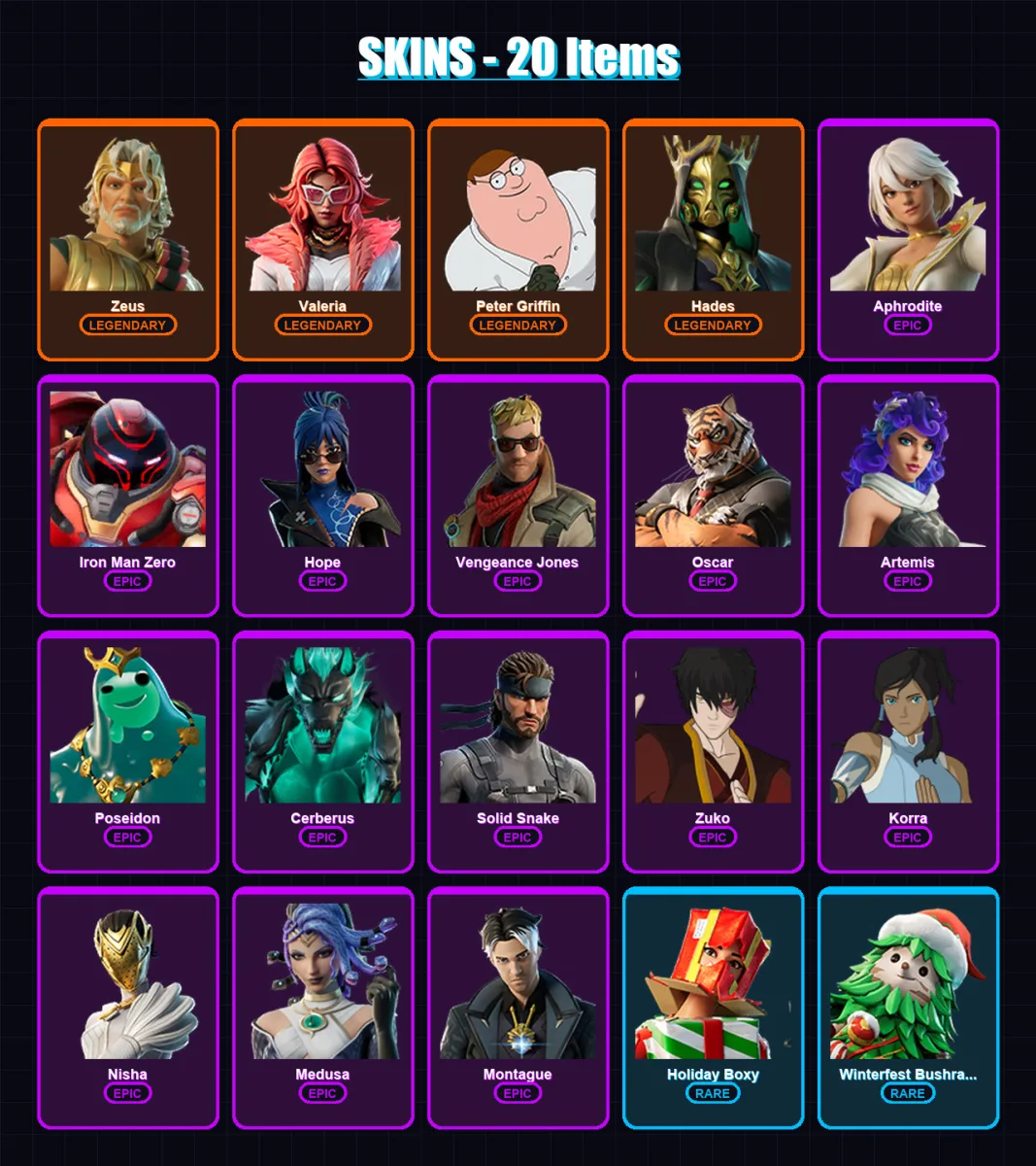 [PC/XBOX/PSN] | Zeus | Valeria | Peter Griffin | Hades | Aphrodite | 20 skin | 31 pickaxe | 37 emote | 24 glider | Lv388