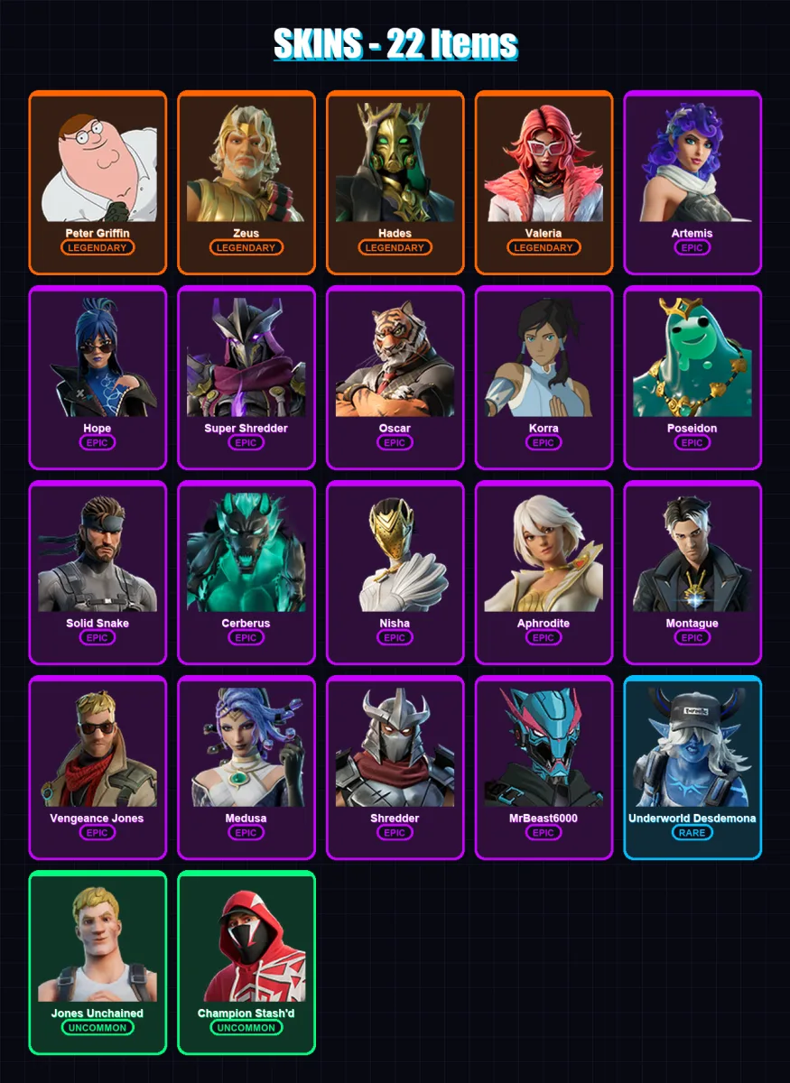 [PS4/PS5/XBOX/PC] | Peter Griffin | Zeus | Hades | Valeria | Artemis | 22 skin | 47 pickaxe | 31 emote | 35 glider | Lv525