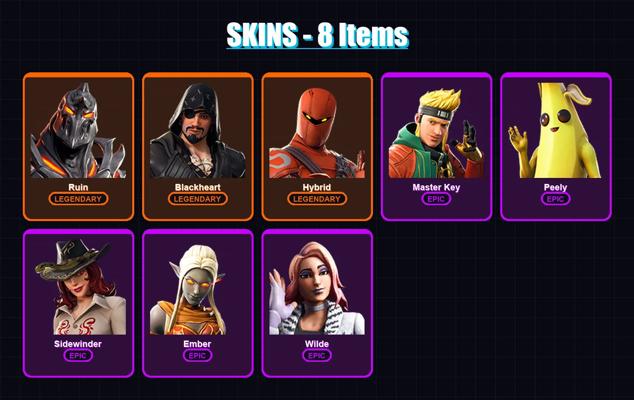[PC/XBOX/PSN] | Ruin | Blackheart | Hybrid | Master Key | Peely | 8 skin | 8 pickaxe | 15 emote | 13 glider | Lv136
