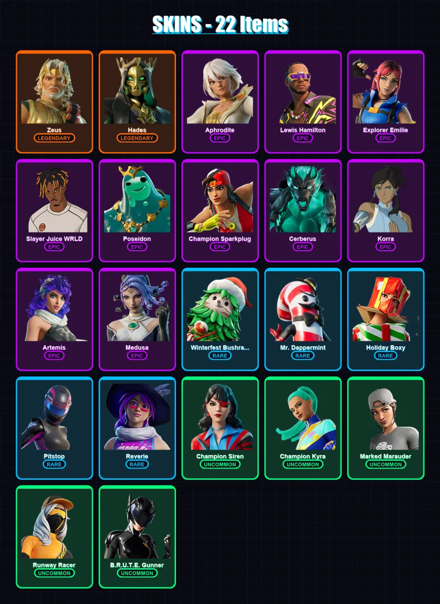 [PS4/PS5/PC] | Zeus | Hades | Aphrodite | Lewis Hamilton | Explorer Emilie | 22 skin | 58 pickaxe | 33 emote | 44 glider | Lv1310