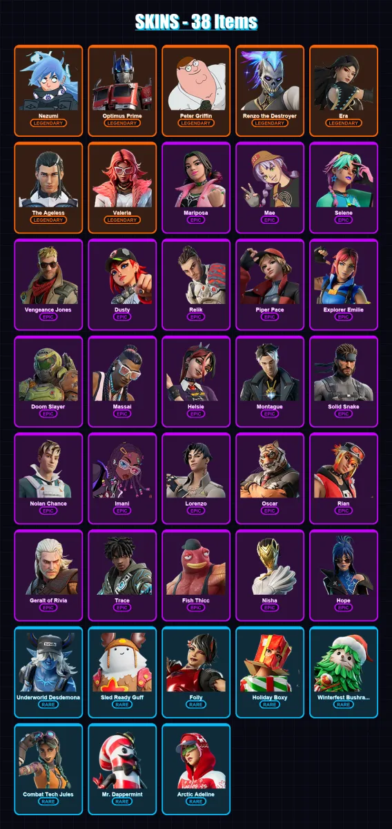 [PC/XBOX/PSN] | Nezumi | Optimus Prime | Peter Griffin | Renzo the Destroyer | Era | 38 skin | 49 pickaxe | 41 emote | 43 glider | Lv593 — Fortnite account
