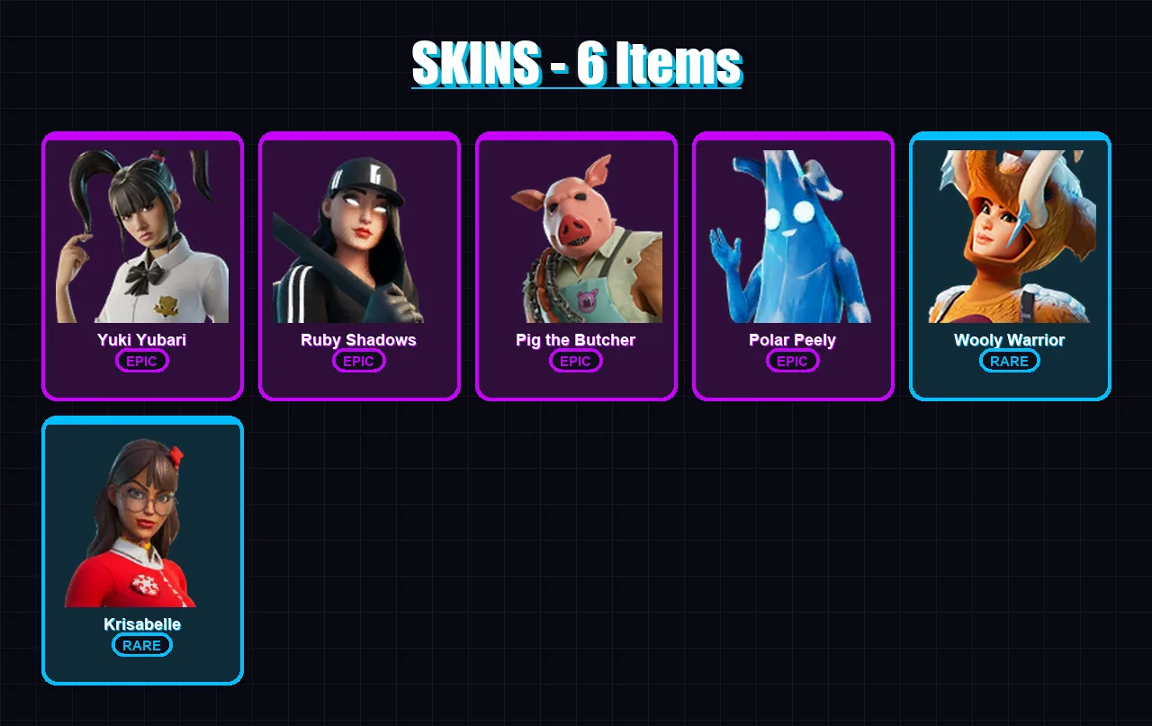 [PC/PSN] | Yuki Yubari | Ruby Shadows | Pig the Butcher | Polar Peely | Wooly Warrior | 6 skin | 20 pickaxe | 14 emote | 17 glider | Lv171