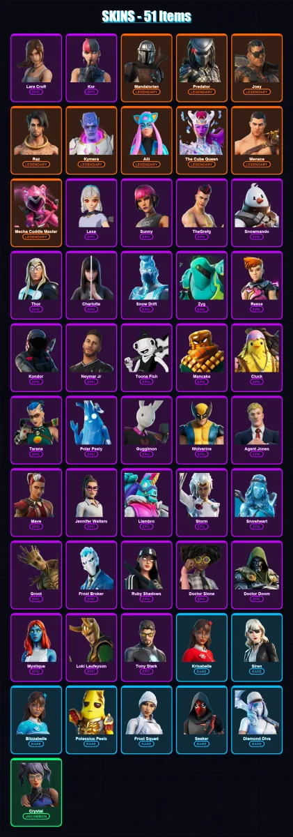 [PC/XBOX/PSN] | Lara Croft | Kor | Mandalorian | Predator | Joey | 51 skin | 52 pickaxe | 41 emote | 41 glider | Lv624