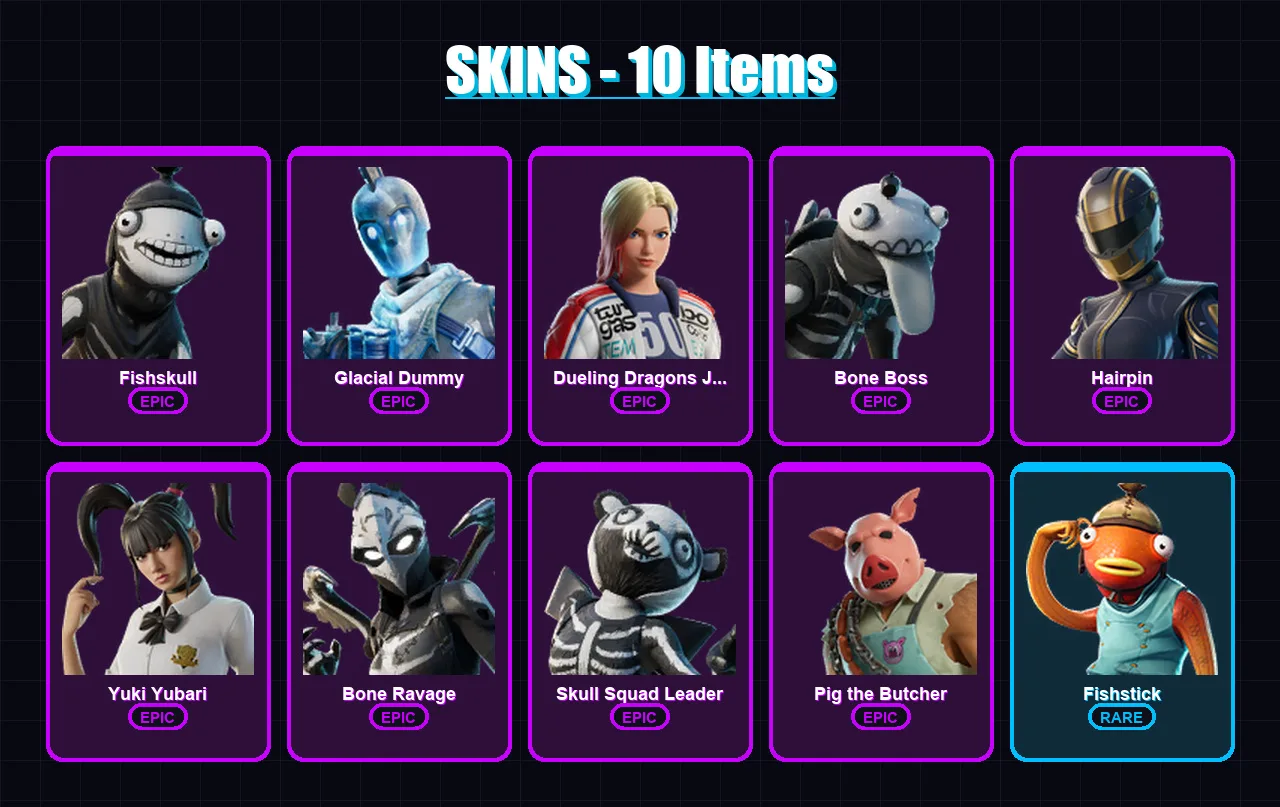 [PC/XBOX/PSN] | Fishskull | Glacial Dummy | Dueling Dragons Jackie | Bone Boss | Hairpin | 10 skin | 37 pickaxe | 16 emote | 31 glider | Lv360