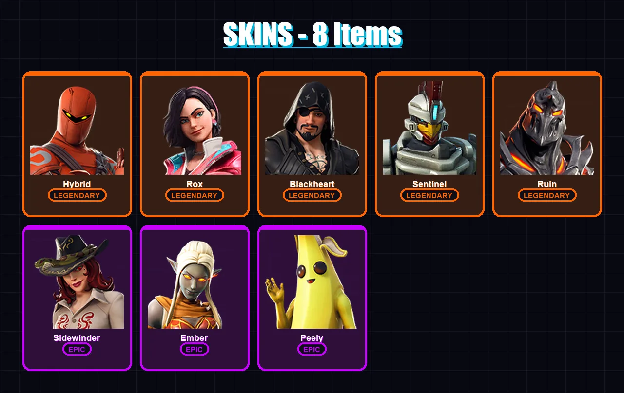 [PC/XBOX/PSN] | Hybrid | Rox | Blackheart | Sentinel | Ruin | 8 skin | 20 pickaxe | 12 emote | 19 glider | Lv205