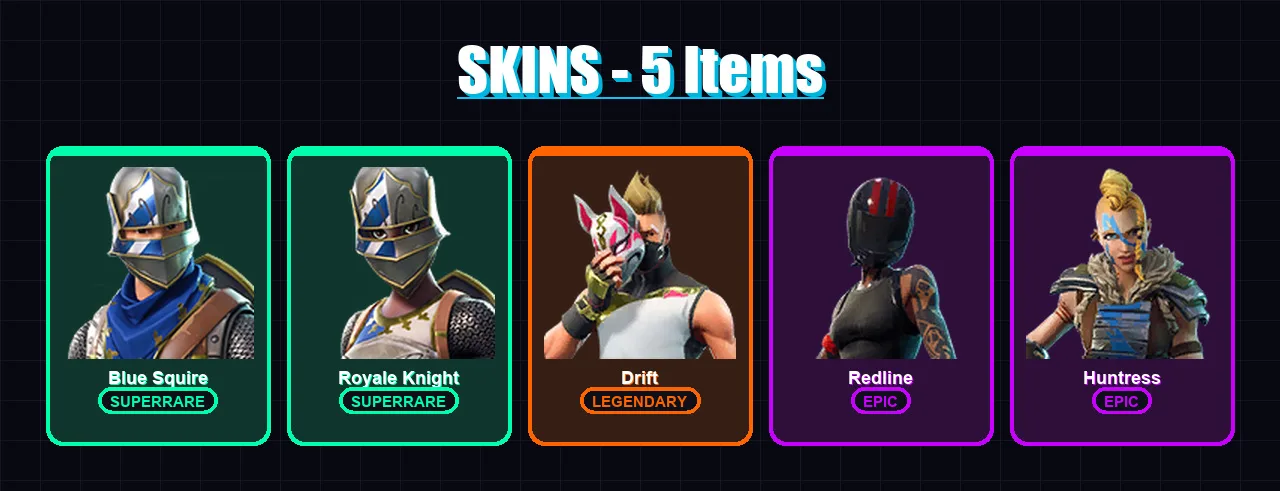 [PC/XBOX/PSN] | Blue Squire | Royale Knight | Drift | Redline | Huntress | 5 skin | 5 pickaxe | 9 emote | 9 glider | Lv116
