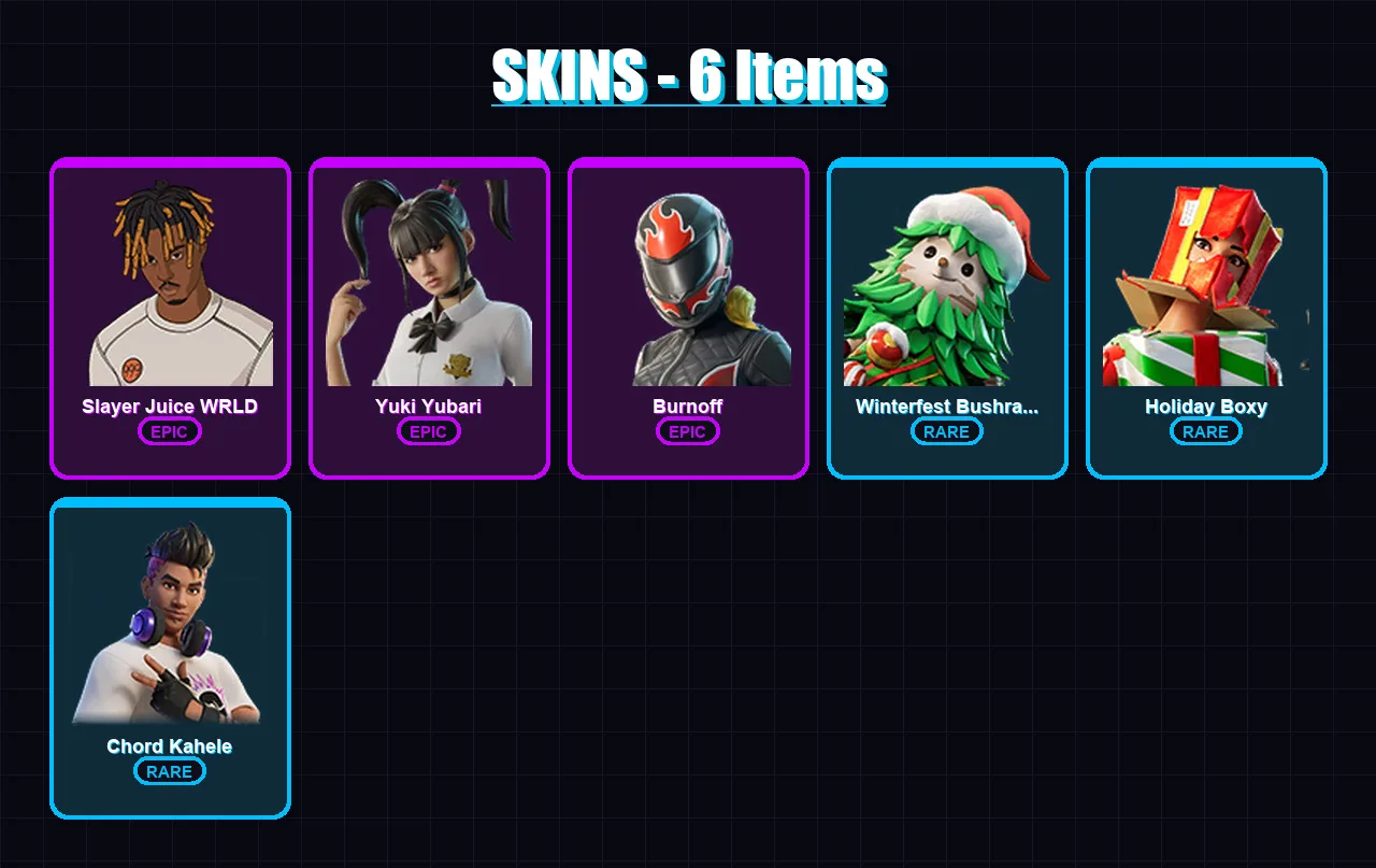 [PC/PSN] | Slayer Juice WRLD | Yuki Yubari | Burnoff | Winterfest Bushranger | Holiday Boxy | 6 skin | 24 pickaxe | 9 emote | 11 glider | Lv135
