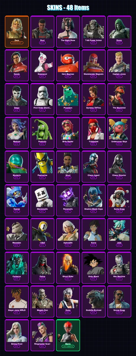 [PC/XBOX] | Zeus | Rust | The Night Rose | T-60 Power Armor | Doom | 48 skin | 76 pickaxe | 57 emote | 60 glider | Lv776