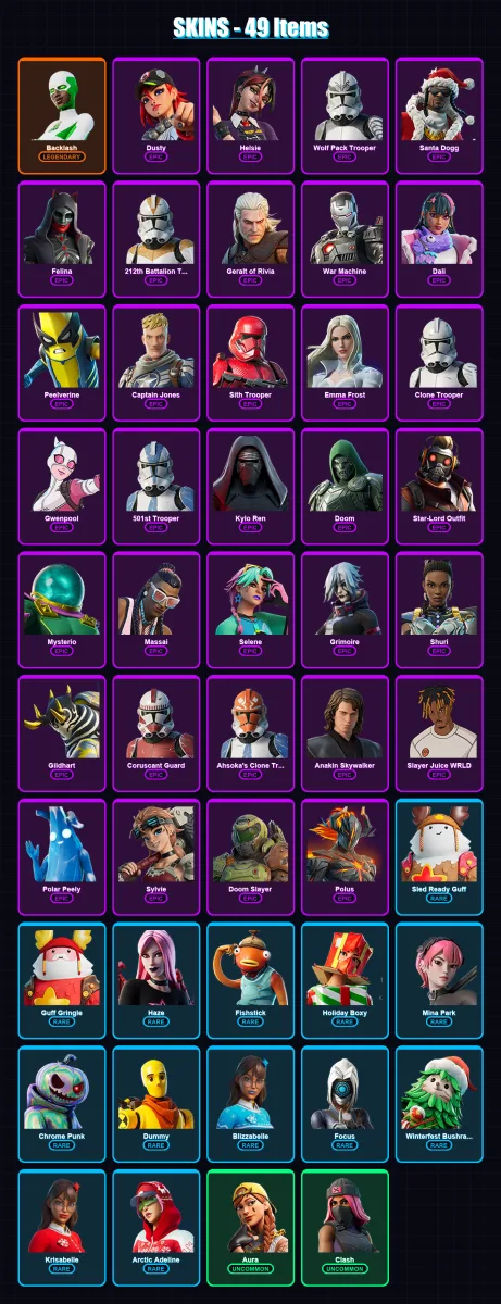 [PC/XBOX] | Backlash | Dusty | Helsie | Wolf Pack Trooper | Santa Dogg | 49 skin | 73 pickaxe | 46 emote | 58 glider | Lv693