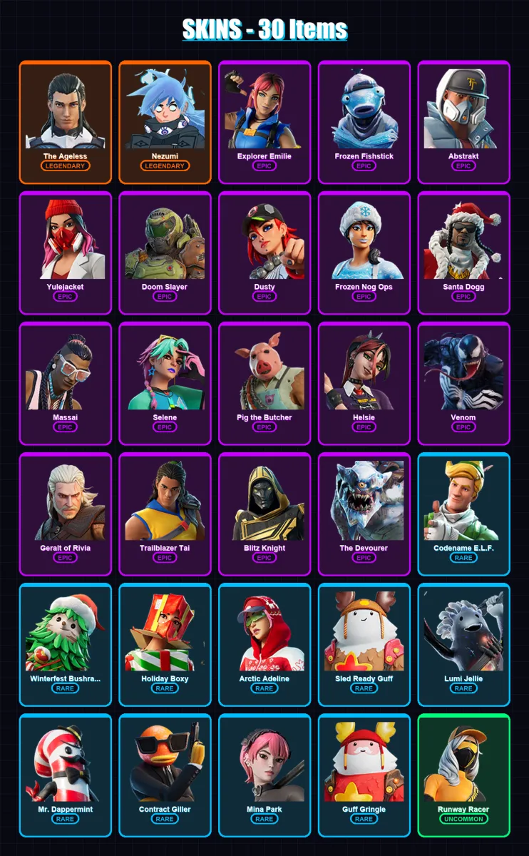 [PC/XBOX/PSN] | The Ageless | Nezumi | Explorer Emilie | Frozen Fishstick | Abstrakt | 30 skin | 60 pickaxe | 35 emote | 50 glider | Lv624