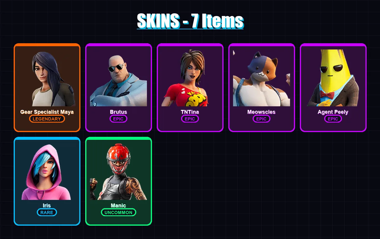 [PC/XBOX/PSN] | Gear Specialist Maya | Brutus | TNTina | Meowscles | Agent Peely | 7 skin | 8 pickaxe | 13 emote | 11 glider | Lv140