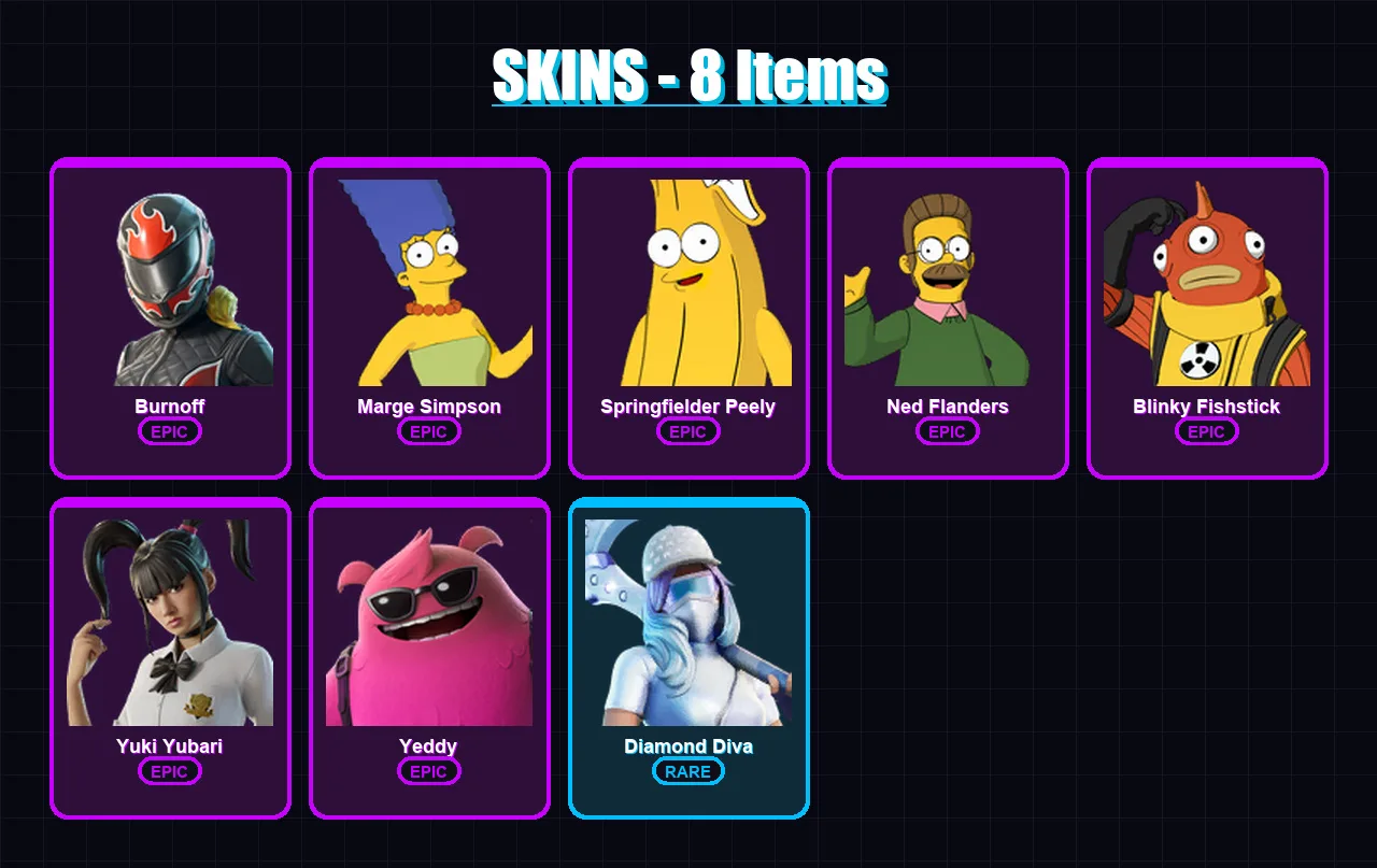 [PC/XBOX/PSN] | Burnoff | Marge Simpson | Springfielder Peely | Ned Flanders | Blinky Fishstick | 8 skin | 29 pickaxe | 15 emote | 22 glider | Lv187