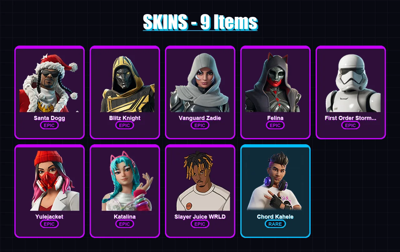 [PC/XBOX] | Santa Dogg | Blitz Knight | Vanguard Zadie | Felina | First Order Stormtrooper | 9 skin | 53 pickaxe | 20 emote | 36 glider | Lv723