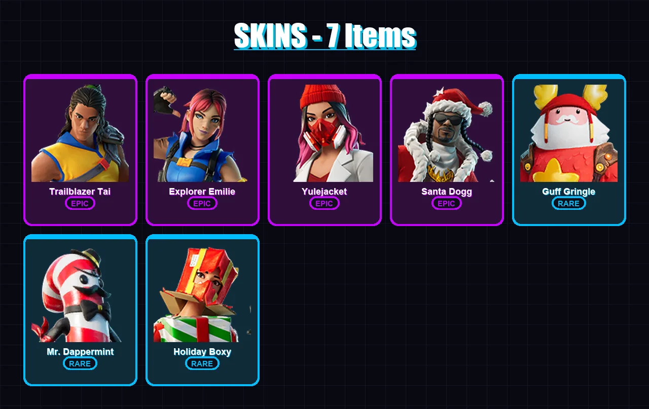 [PC/XBOX/PSN] | Trailblazer Tai | Explorer Emilie | Yulejacket | Santa Dogg | Guff Gringle | 7 skin | 12 pickaxe | 3 emote | 5 glider | Lv107