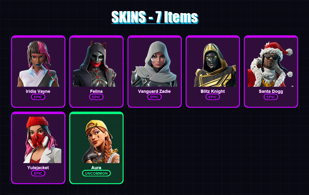 [PS4/PS5/XBOX/PC] | Iridia Vayne | Felina | Vanguard Zadie | Blitz Knight | Santa Dogg | 7 skin | 64 pickaxe | 26 emote | 42 glider | Lv802