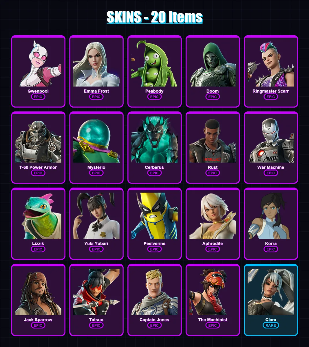 [PC/PSN] | Gwenpool | Emma Frost | Peabody | Doom | Ringmaster Scarr | 20 skin | 50 pickaxe | 25 emote | 36 glider | Lv333
