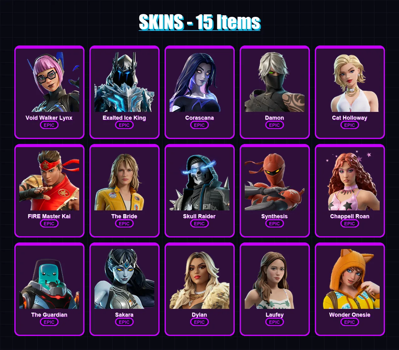 [PC/PSN] | Void Walker Lynx | Exalted Ice King | Corascana | Damon | Cat Holloway | 15 skin | 12 pickaxe | 7 emote | 4 glider | Lv21