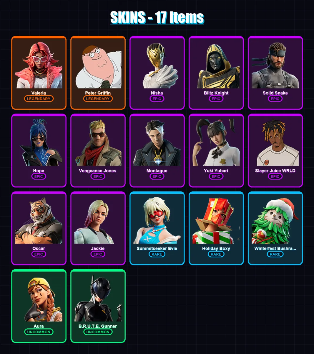 [PC/XBOX/PSN] | Valeria | Peter Griffin | Nisha | Blitz Knight | Solid Snake | 17 skin | 33 pickaxe | 24 emote | 22 glider | Lv473