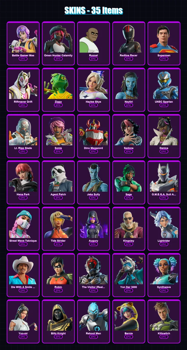 [PS4/PS5/XBOX/PC] | Battle Gamer Mae | Omen Hunter Calamity | Russel | Redline Racer | Superman | 35 skin | 48 pickaxe | 39 emote | 26 glider | Lv17 — Fortnite account