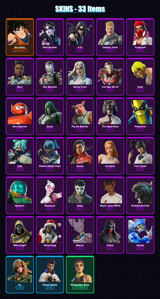 [PS4/PS5/PC] | Son Goku | Dark Bomber | X-23 | Captain Jones | Yulejacket | 33 skin | 78 pickaxe | 47 emote | 46 glider | Lv930