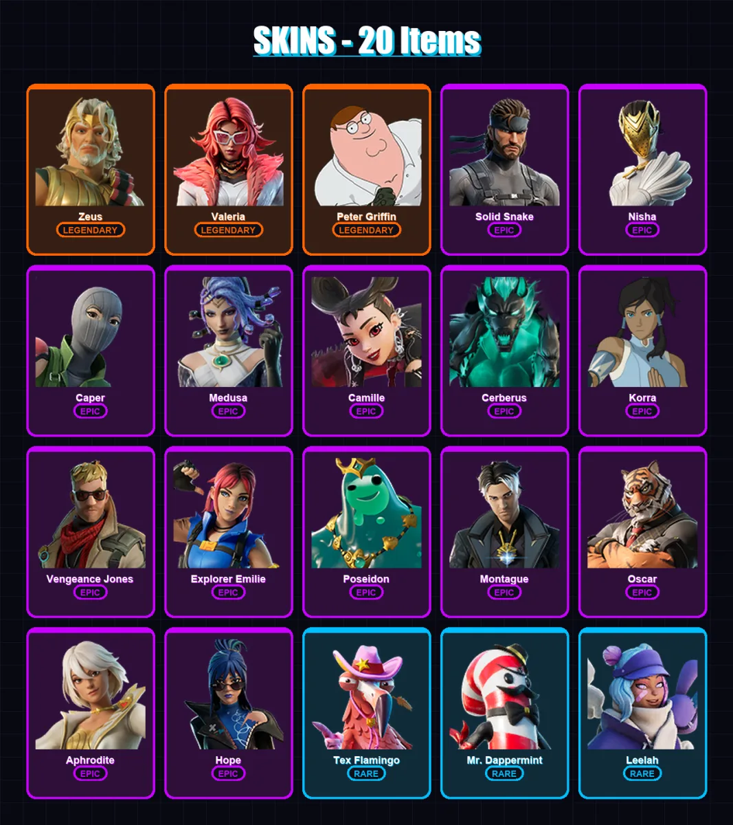 [PC/PSN] | Zeus | Valeria | Peter Griffin | Solid Snake | Nisha | 20 skin | 18 pickaxe | 21 emote | 16 glider | Lv182