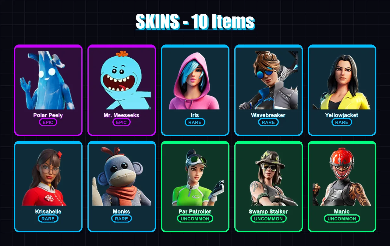 [PC/PSN] | Polar Peely | Mr. Meeseeks | Iris | Wavebreaker | Yellowjacket | 10 skin | 18 pickaxe | 10 emote | 13 glider | Lv144