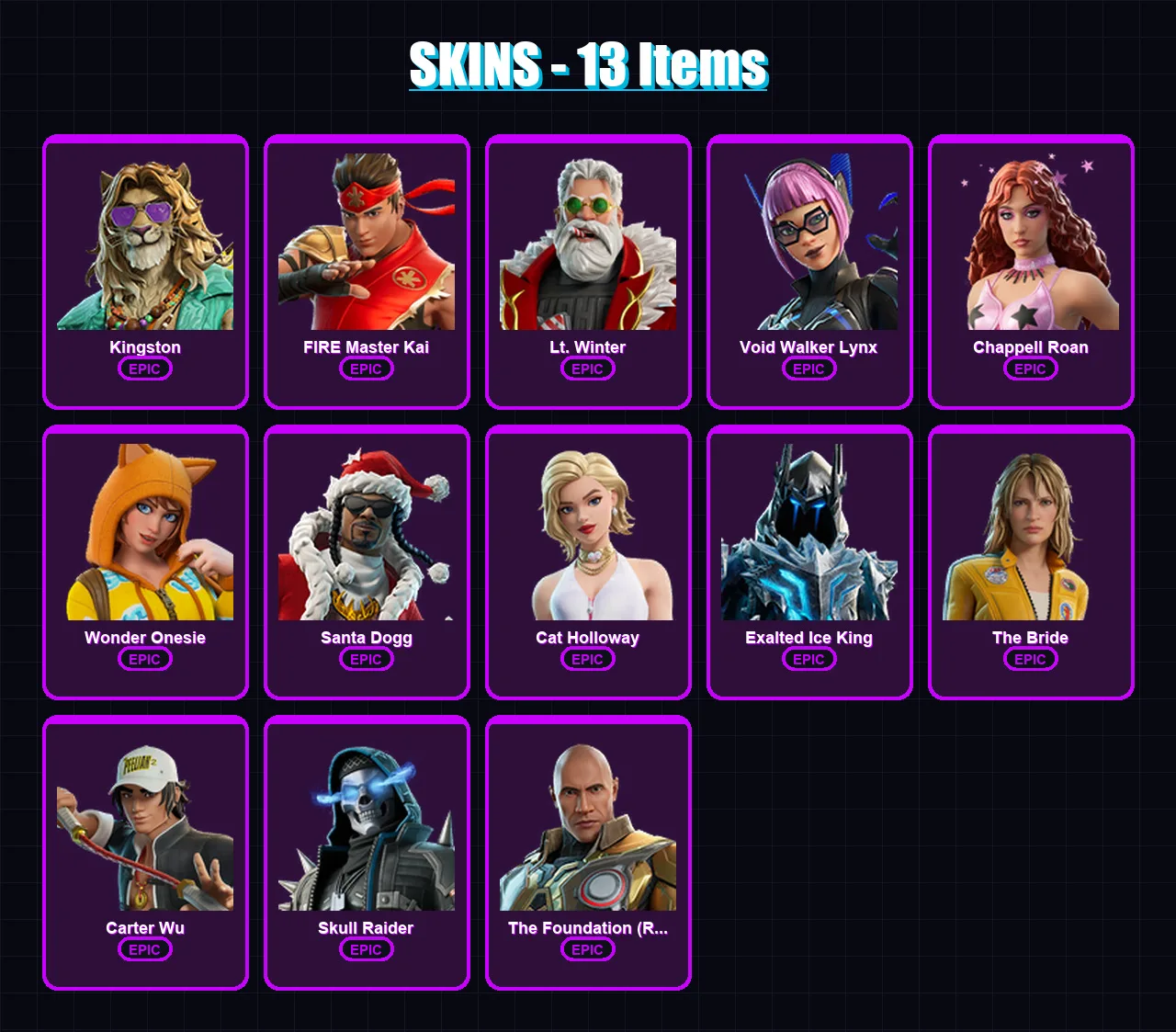 [PC/XBOX/PSN] | Kingston | FIRE Master Kai | Lt. Winter | Void Walker Lynx | Chappell Roan | 13 skin | 27 pickaxe | 17 emote | 18 glider | Lv125