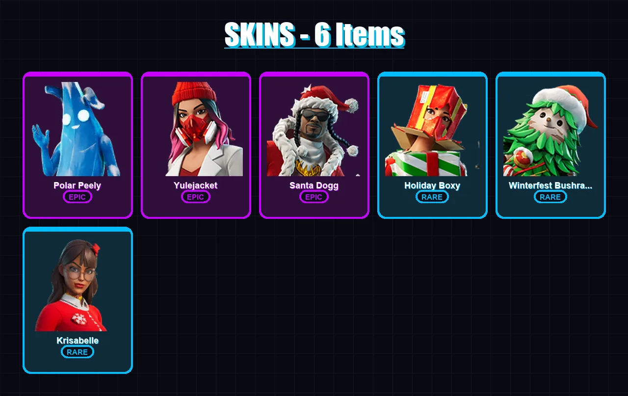 [PS4/PS5/XBOX/PC] | Polar Peely | Yulejacket | Santa Dogg | Holiday Boxy | Winterfest Bushranger | 6 skin | 19 pickaxe | 15 emote | 18 glider | Lv19