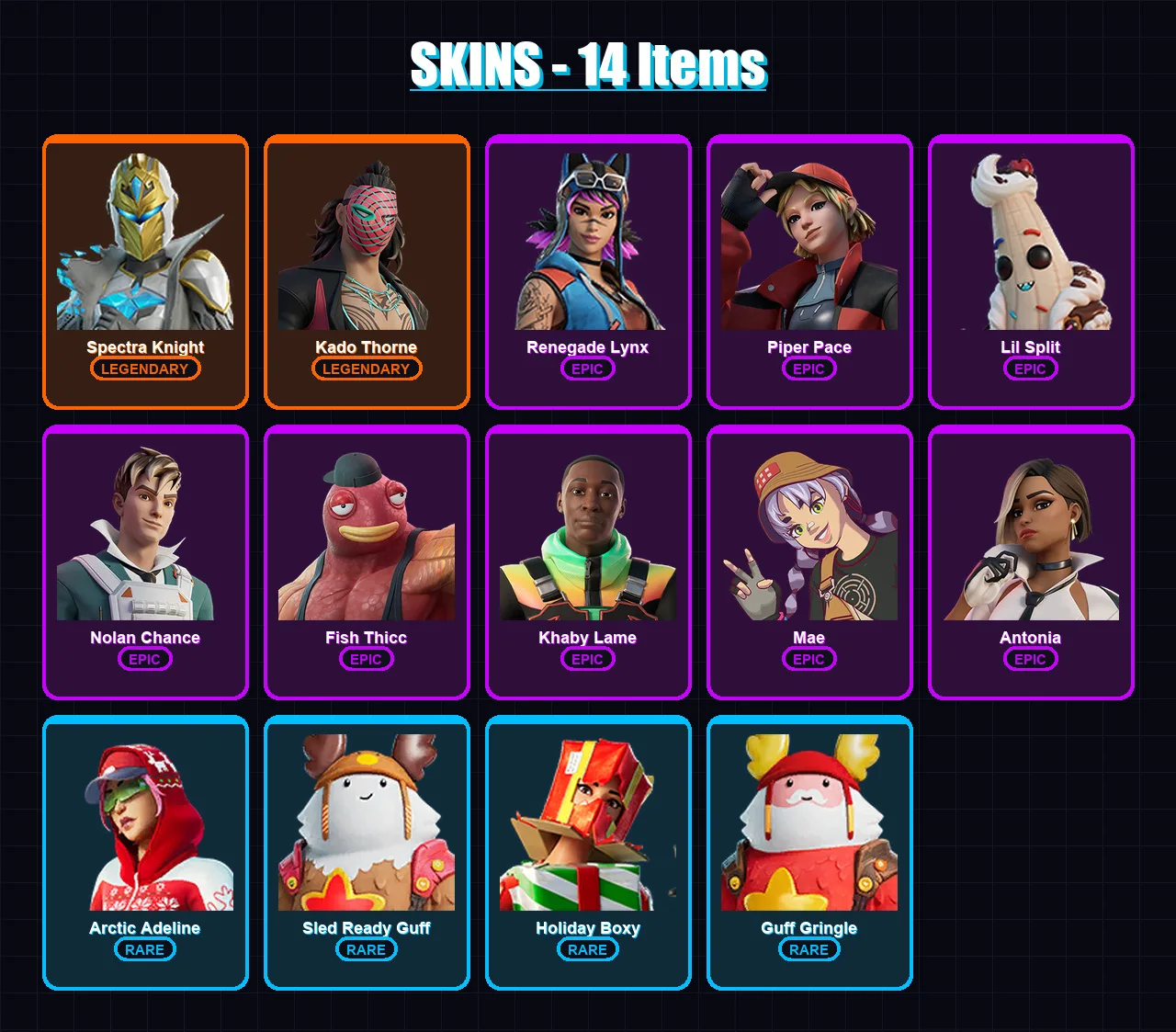 [PC/XBOX/PSN] | Spectra Knight | Kado Thorne | Renegade Lynx | Piper Pace | Lil Split | 14 skin | 34 pickaxe | 22 emote | 32 glider | Lv522