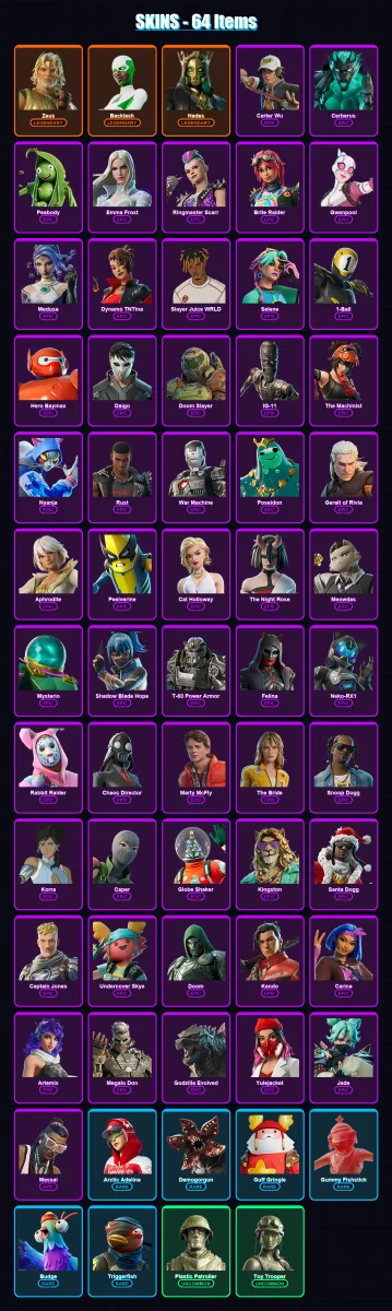 [PC/XBOX/PSN] | Zeus | Backlash | Hades | Carter Wu | Cerberus | 64 skin | 83 pickaxe | 70 emote | 60 glider | Lv728