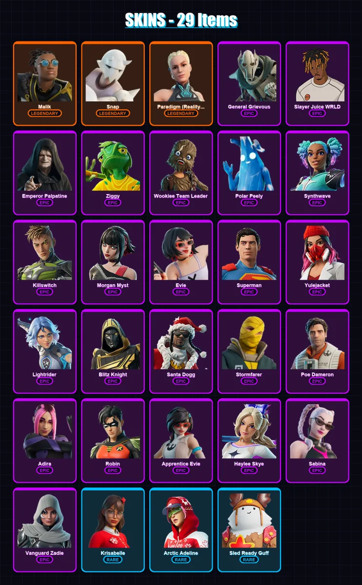 [PC/XBOX] | Malik | Snap | Paradigm (Reality-659) | General Grievous | Slayer Juice WRLD | 29 skin | 64 pickaxe | 38 emote | 53 glider | Lv727