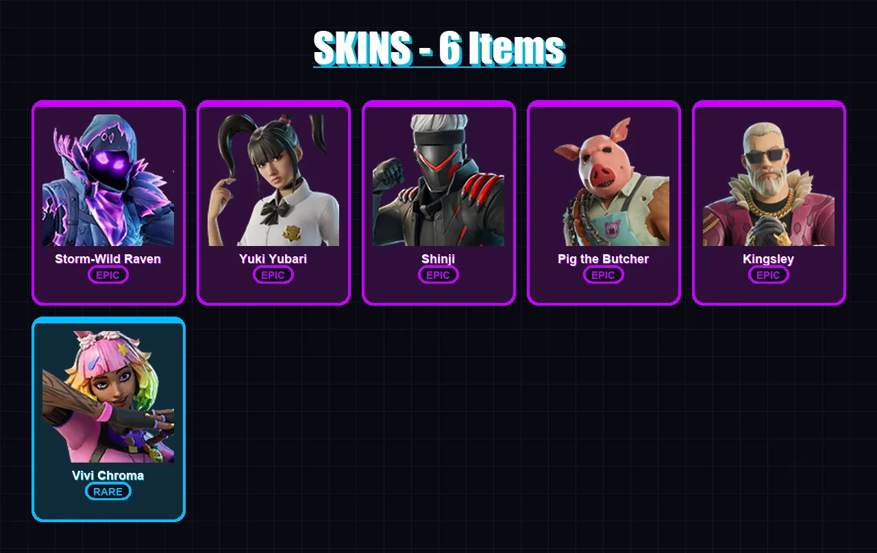 [PC/XBOX] | Storm-Wild Raven | Yuki Yubari | Shinji | Pig the Butcher | Kingsley | 6 skin | 23 pickaxe | 7 emote | 17 glider | Lv175