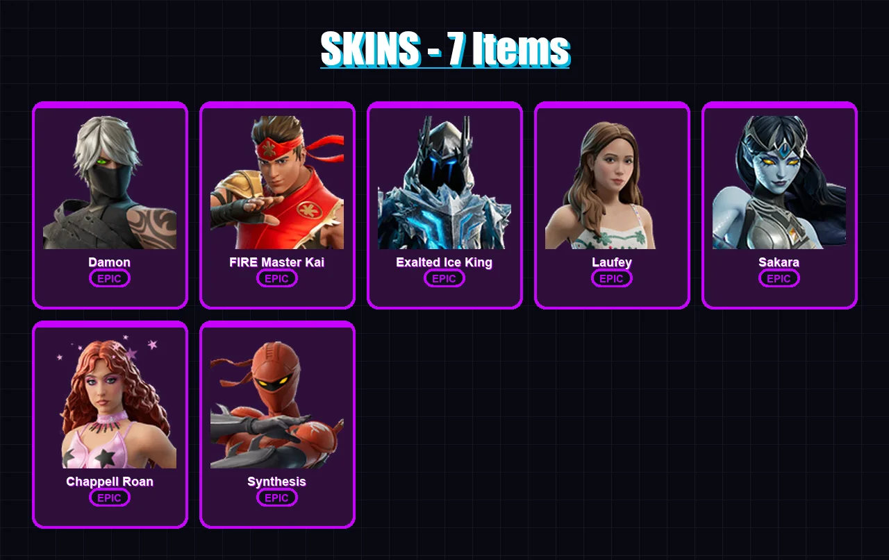 [PC/XBOX] | Damon | FIRE Master Kai | Exalted Ice King | Laufey | Sakara | 7 skin | 9 pickaxe | 3 emote | 8 glider | Lv28