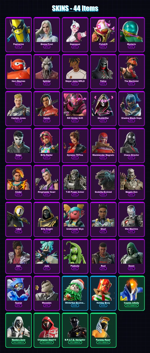 [PC/PSN] | Peelverine | Emma Frost | Gwenpool | Fishdrift | Mysterio | 44 skin | 78 pickaxe | 57 emote | 64 glider | Lv991