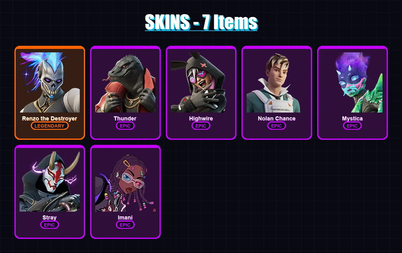 [PC/XBOX/PSN] | Renzo the Destroyer | Thunder | Highwire | Nolan Chance | Mystica | 7 skin | 10 pickaxe | 7 emote | 12 glider | Lv131