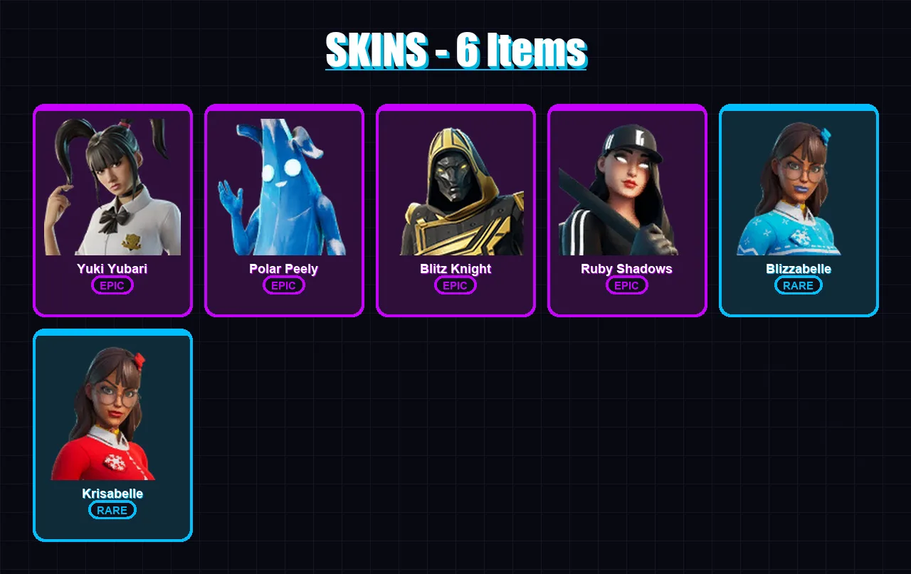 [PC/XBOX/PSN] | Yuki Yubari | Polar Peely | Blitz Knight | Ruby Shadows | Blizzabelle | 6 skin | 34 pickaxe | 23 emote | 30 glider | Lv388